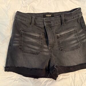 FarWest Black Washed Denim Shorts with Frayed Hem